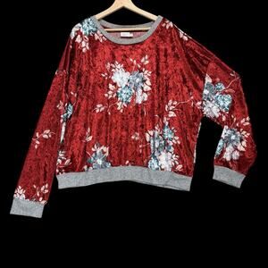 Cresent Drive Floral Velvet Pullover Womens Plus Sz 3XL Rusty Red Gray Blue Top
